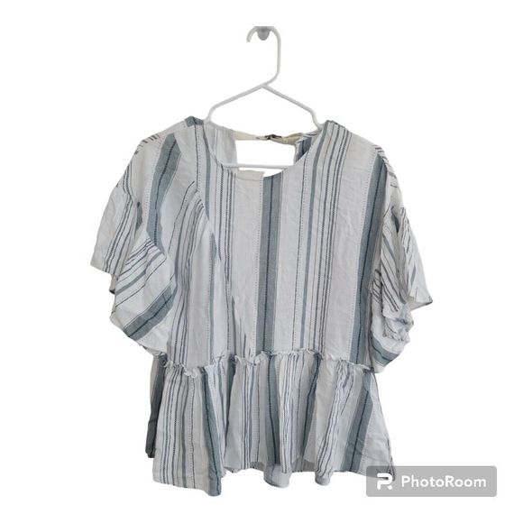 Moon River Top Flutter Ruffle Sleeve Peplum Cutout Stripe-small - Picture 1 of 7